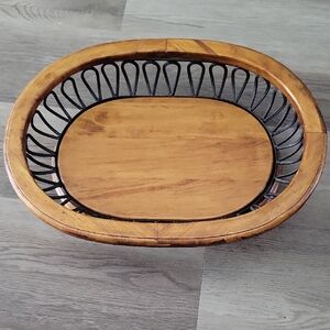 Oval Wooden Serving Tray with Black Metal Accent - Warm Brown